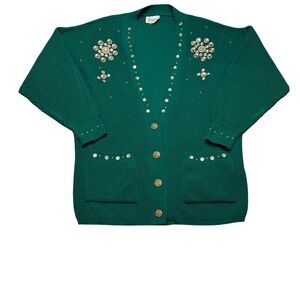 ✨‎ Young Design USA Green Embellished Cardigan Sweater Vintage ✨